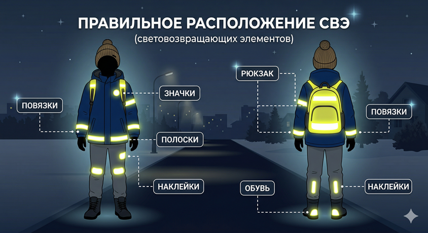 Схема правильного расположения СВЭ на ребенке и рюкзаке